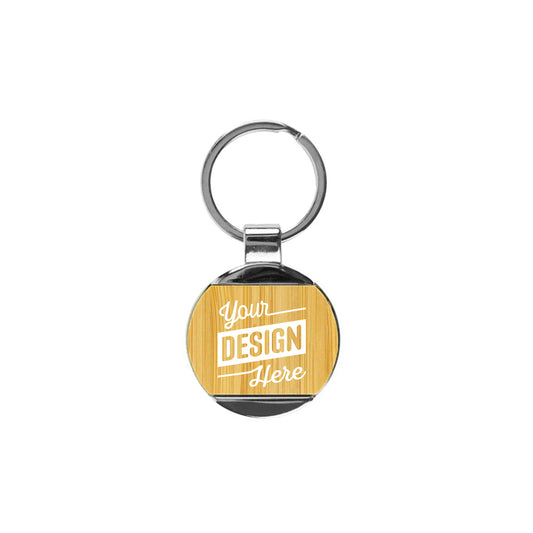 Promotional Round Bamboo and Metal Keychains